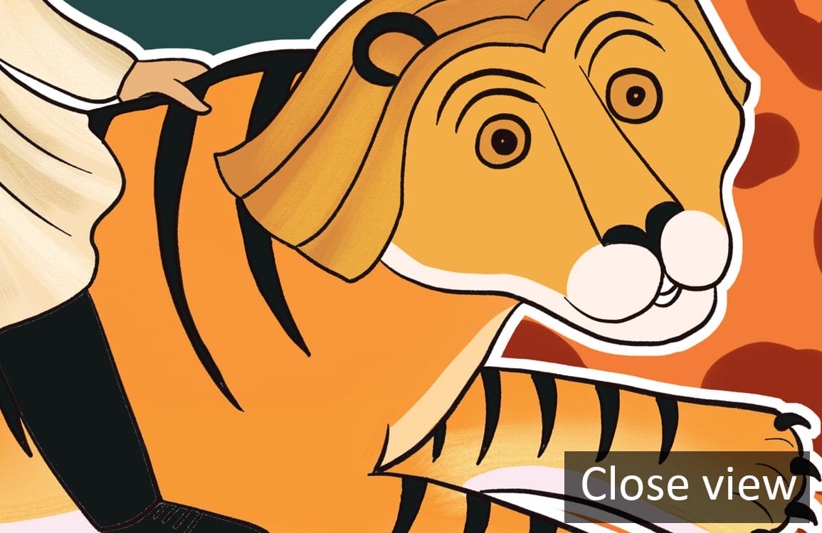 Close view of eclectic collage mural wallpaper featuring vibrant, whimsical tiger design, ideal for creative spaces.