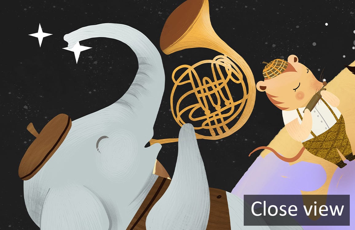Whimsical space-themed animal mural wallpaper for vibrant children's bedroom decor, featuring playful elephants and bears.