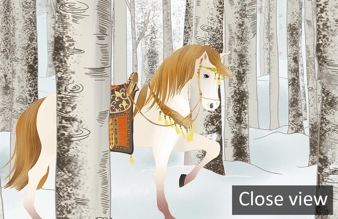 Tranquil mural wallpaper: horse in snowy forest scene, winter theme, birch trees, close view detail.