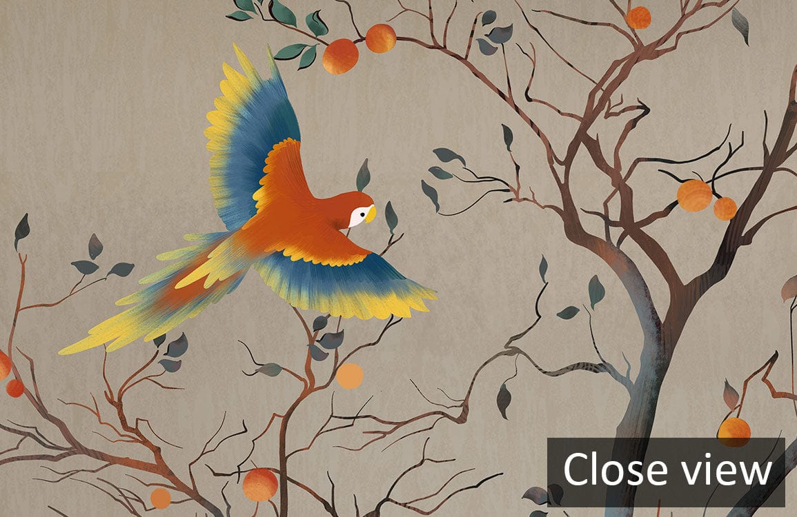 Elegant Tropical Birds mural in earthy tones, featuring vibrant parrot and branches, close view.