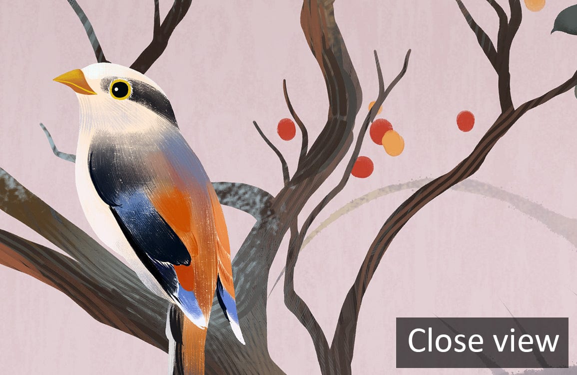 Close-up of Vintage Oriental Crane Mural Wallpaper showcasing birds, branches, and blossoming design elements.