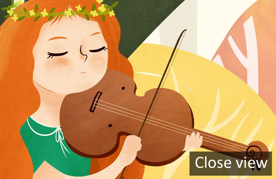 Whimsical Forest Mural Wallpaper with autumn colours and musical theme, close-up illustration view.
