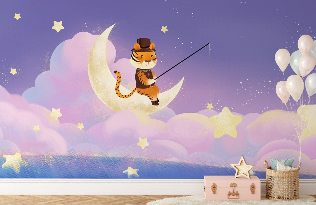 Dreamy Tiger Moonlit Sky mural wallpaper, pastel colours, wooden flooring, children's room with pink toy box.