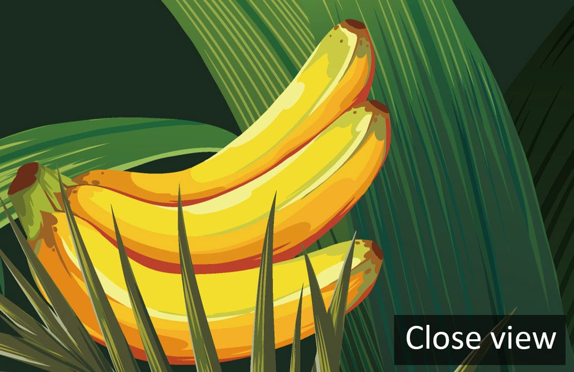 Close-up of Tropical Banana Leaf Botanical Wallpaper in vibrant green and yellow design pattern.