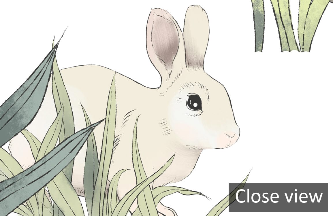 Close view of pastel woodland rabbit mural wallpaper detail from 'Whimsical Creatures' series.