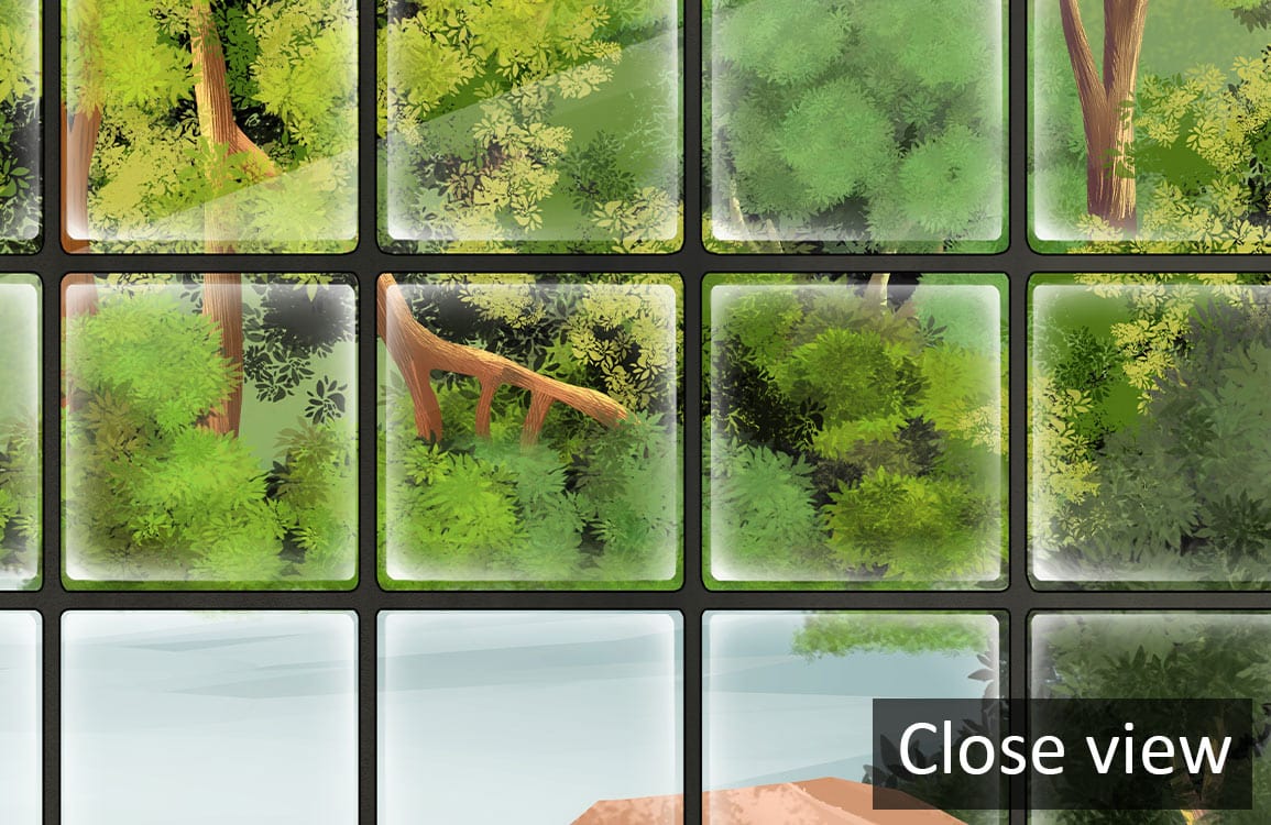 Close-up view of vibrant forest mural wallpaper by Breathtaking, featuring lush green landscape design.