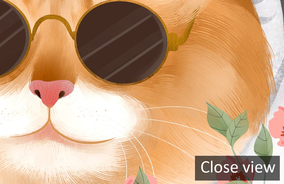 Cheerful cat with sunglasses in garden themed wallpaper featuring sunflowers and greenery design, close view.