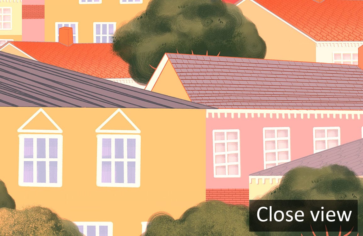 Vibrant Coastal Harbour Mural Wallpaper: Colourful Seaside Town Illustration, close-up of charming buildings.