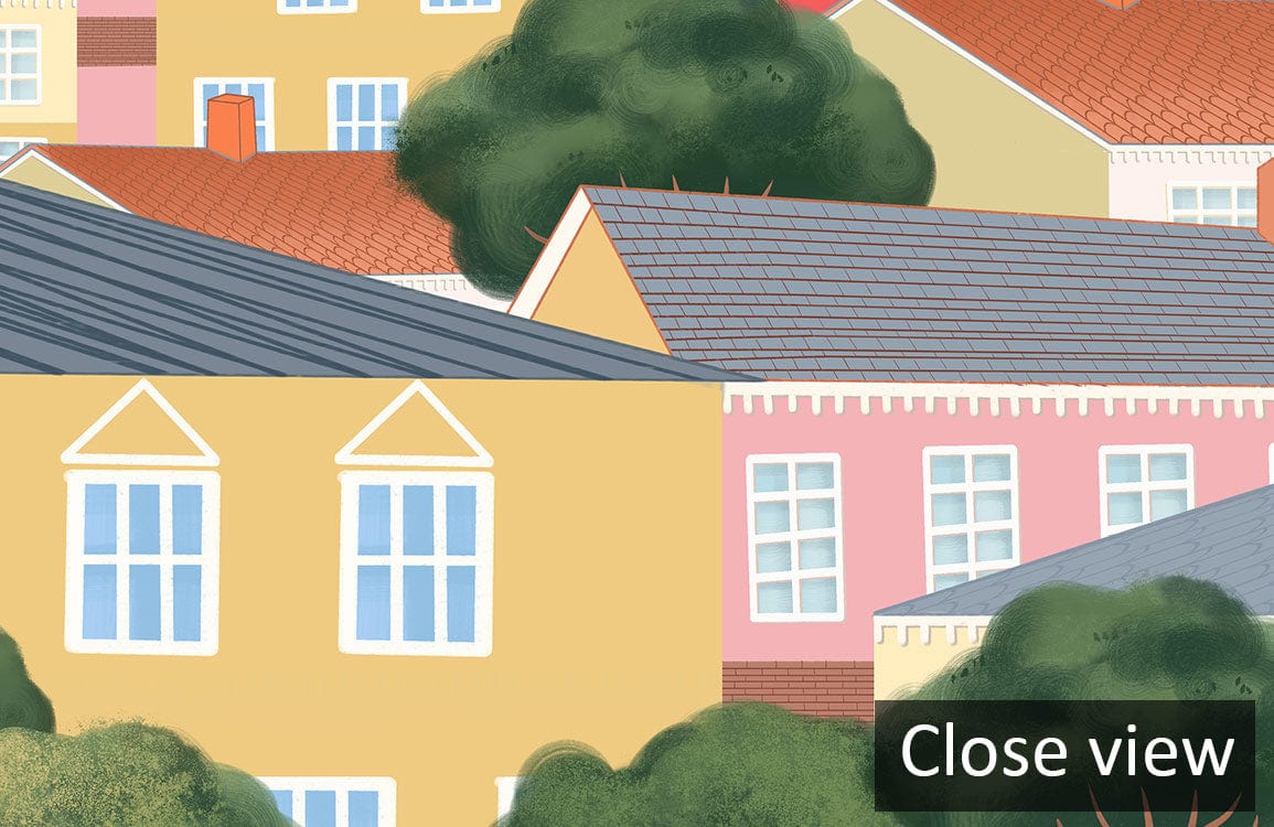 Scenic Coastal Town Mural Wallpaper features colourful pastel houses with lush greenery; vibrant room decor.