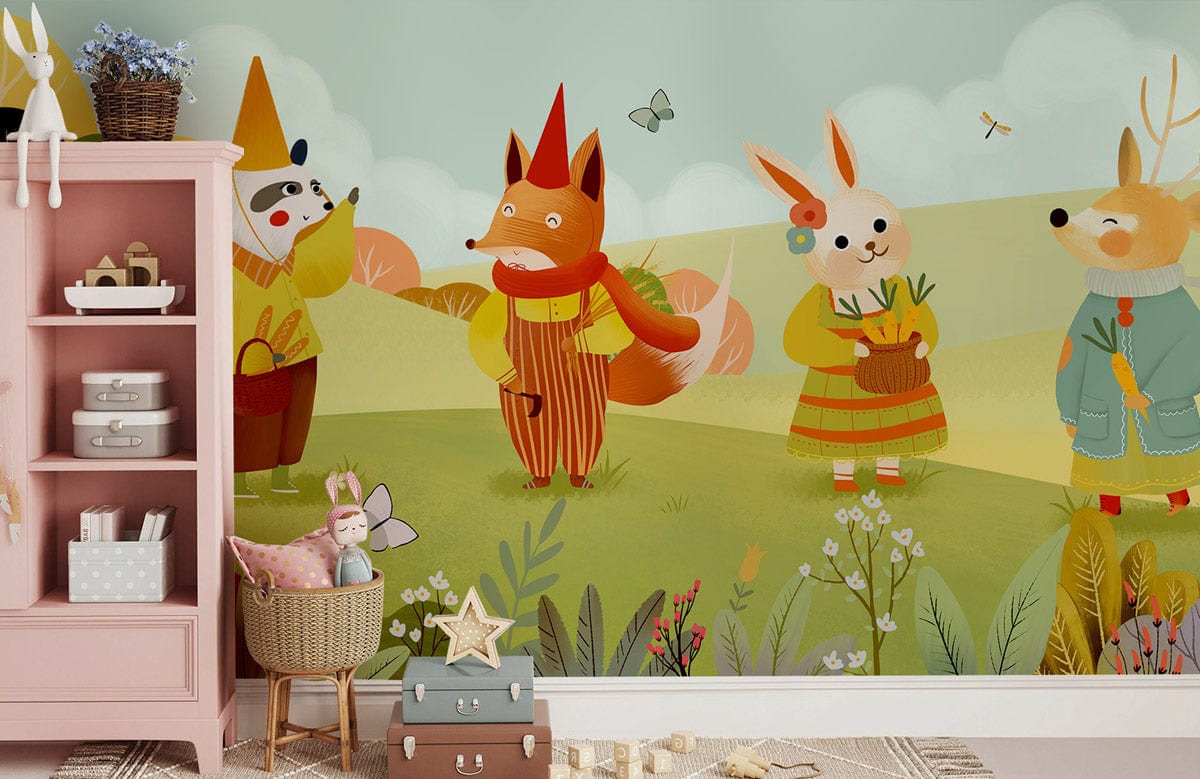 Whimsical Woodland Friends Mural Wallpaper in pastel for kids' room, pink shelf, playful decor.