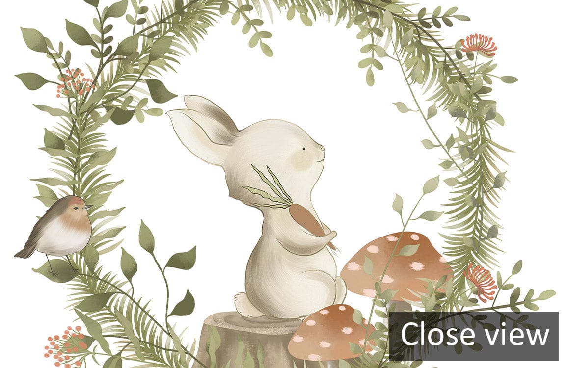 Charming Woodland Creatures wallpaper, earthy tones; adorable rabbit with mushrooms, greenery, nature-inspired design.