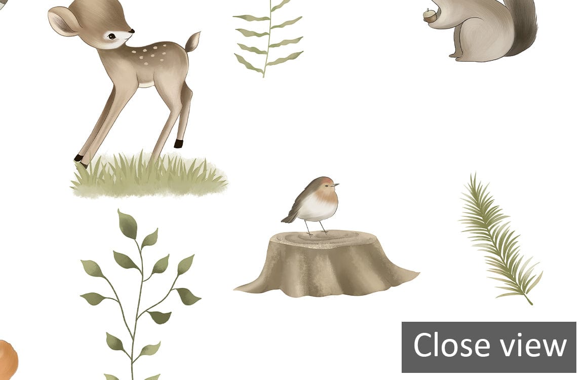 Charming Woodland Creatures wallpaper features pastel forest animals; perfect for nursery wall decor.