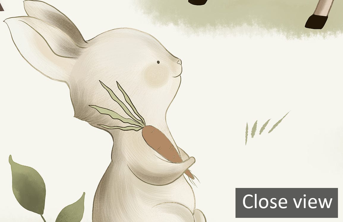 Close-up of Woodland Animals Mural Wallpaper featuring a rabbit with carrot in soft pastel tones.