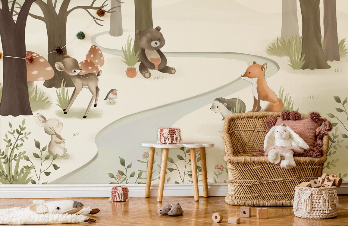 Woodland Animals Mural Wallpaper in kids' room, wicker chair, pastel decor, wooden flooring, playful theme.