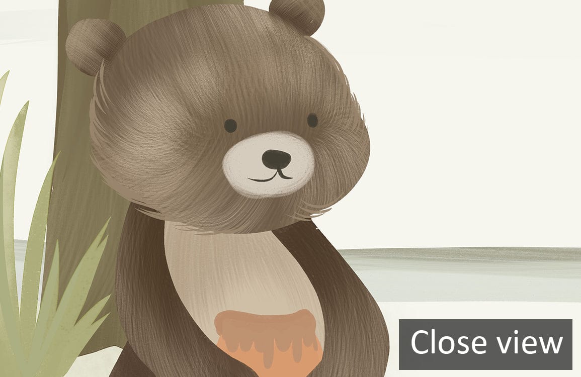Close-up of Woodland Animals Mural Wallpaper in soft pastel tones featuring a cute bear cartoon.
