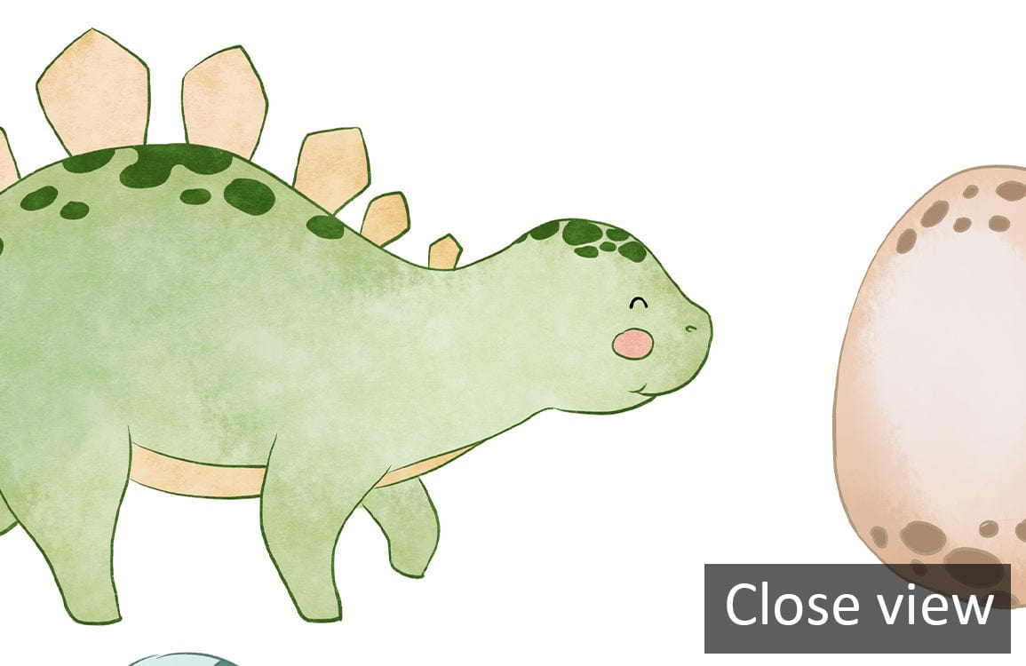 Close view of Dinosaur Adventure Kids' Mural Wallpaper with playful pastel dinosaur and egg design.