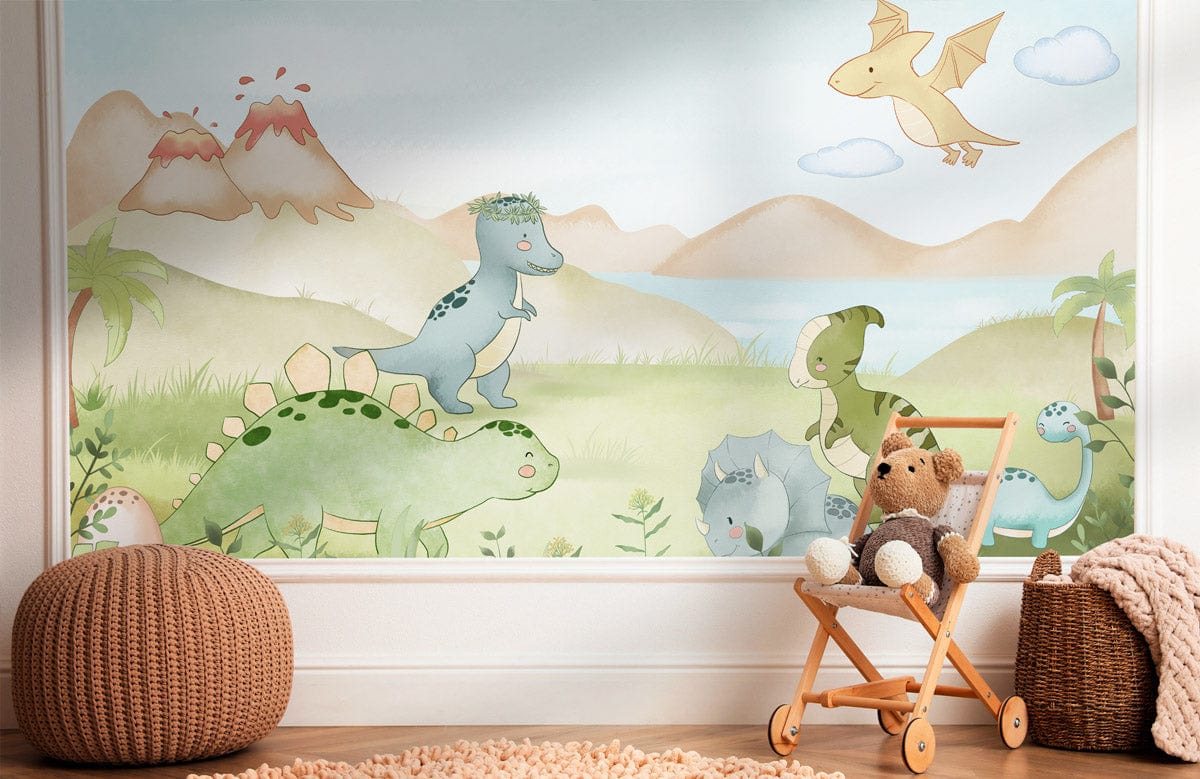 Charming Pastel Dinosaur Adventure Kids' Mural Wallpaper in nursery room with cosy seating and beige Décor.