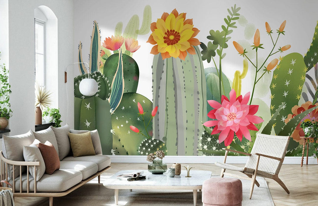 Vibrant Floral Cactus Garden Mural Wallpaper; tropical botanical design in living room with modern sofa.