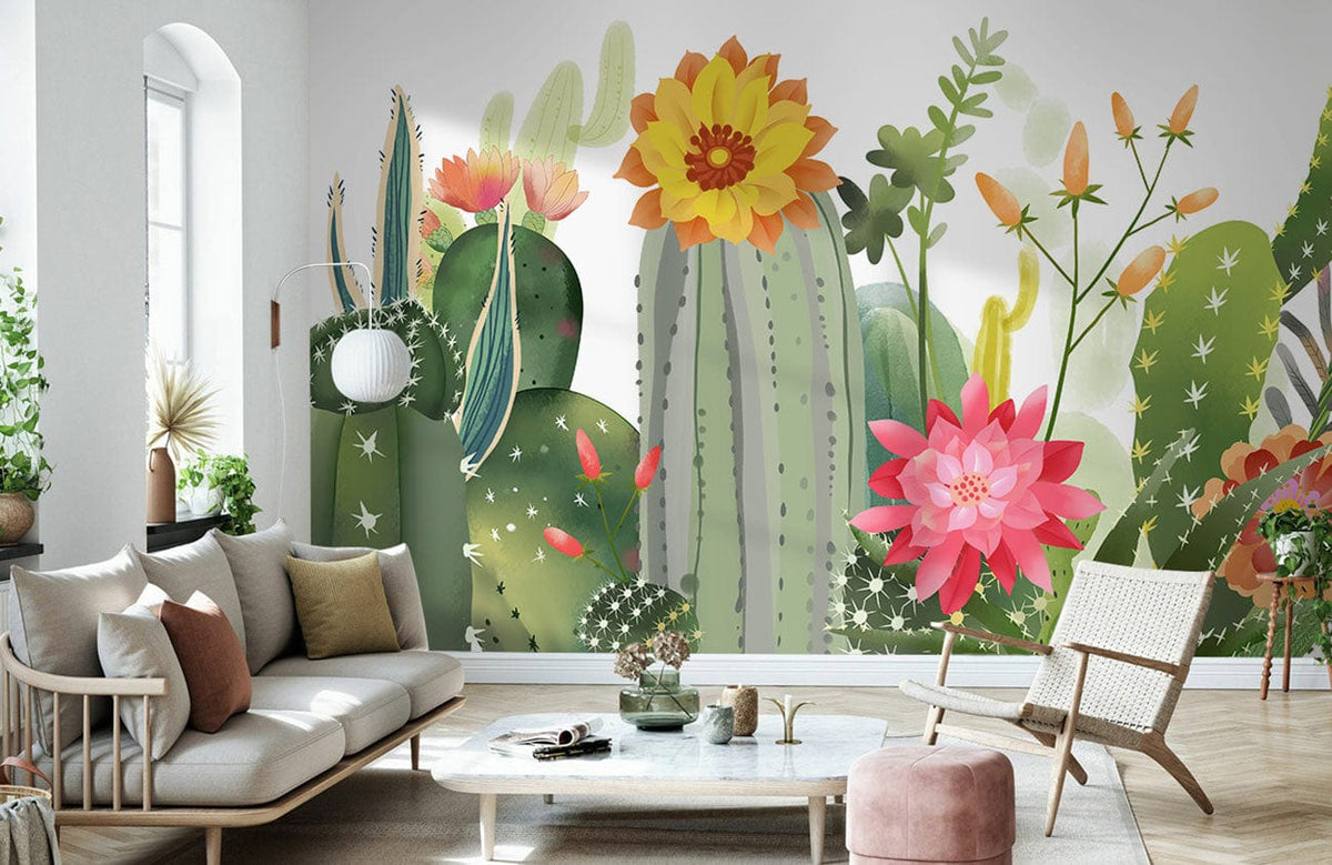 Vibrant Floral Cactus Garden Mural Wallpaper; tropical botanical design in living room with modern sofa.