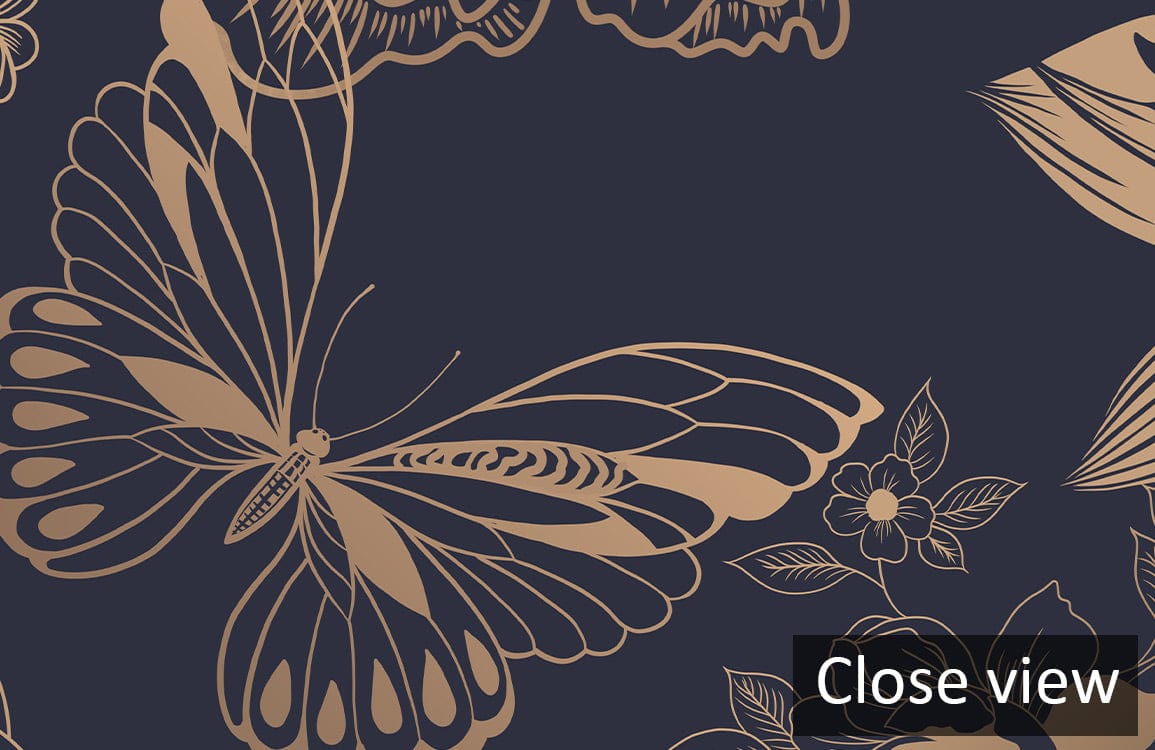 Close view of elegant navy and gold floral damask wallpaper with butterfly design pattern.