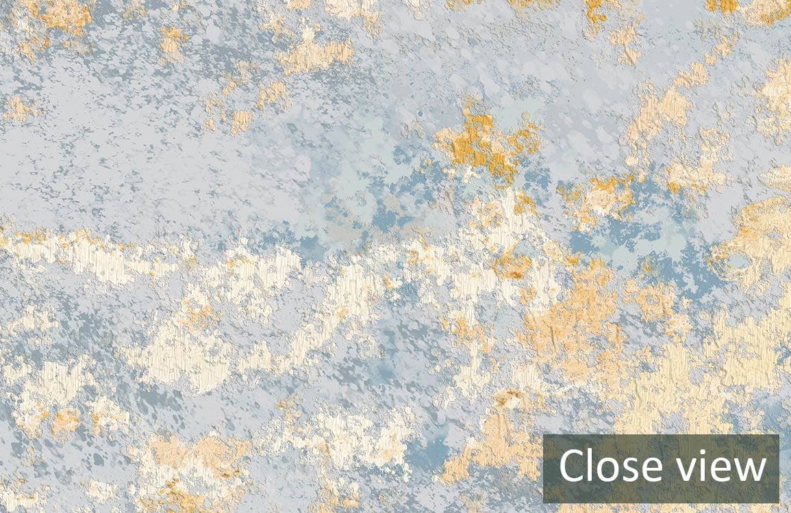 Vintage pastel abstract mural wallpaper in blue and gold tones, close view showing texture details.
