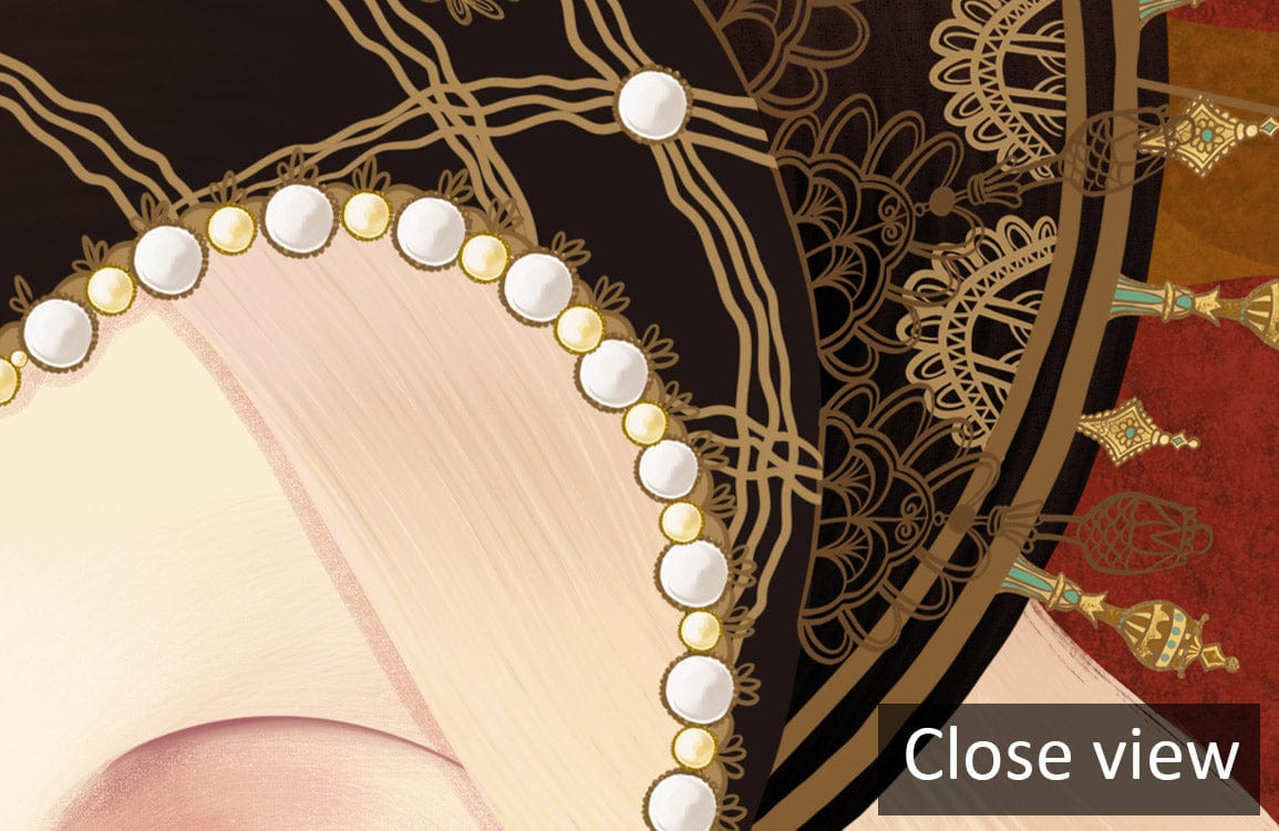 Close-up of Baroque Elegance mural wallpaper showcasing intricate regal gold and rich red design details.