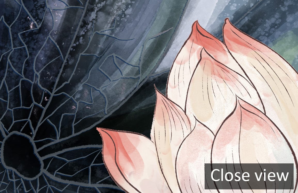 Close-up of Pastel Dream Lotus Blossom Botanical Mural Wallpaper showcasing elegant floral artistry and details.
