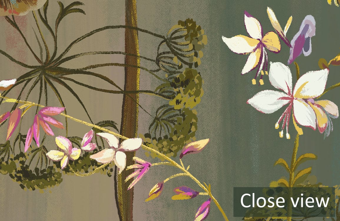 Close view of Botanical Dreamscape wallpaper, featuring green floral vintage design for elegant interiors.