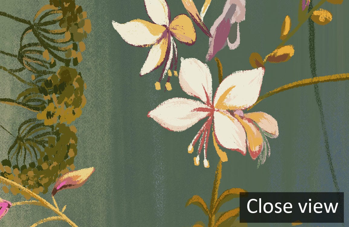 Close-up of vintage botanical floral mural wallpaper, rich green tones, elegant interiors detail.