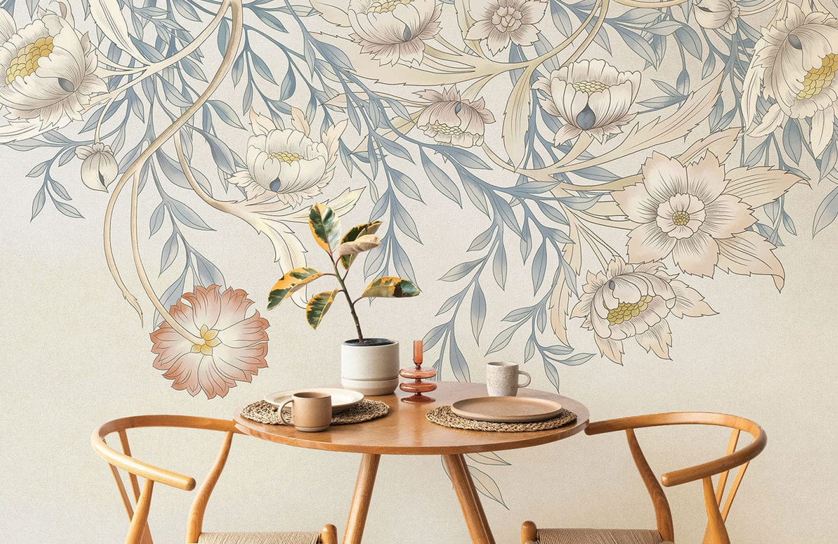 Elegant Pastel Floral Cascade Mural Wallpaper in dining room with wooden table, light wood chairs.