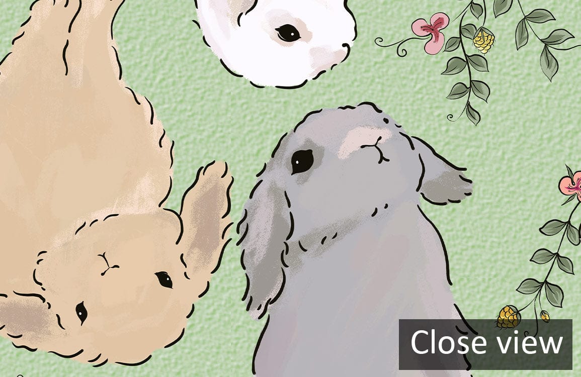 Close-up of whimsical pastel bunny pattern wallpaper, perfect for playful children's room decoration.