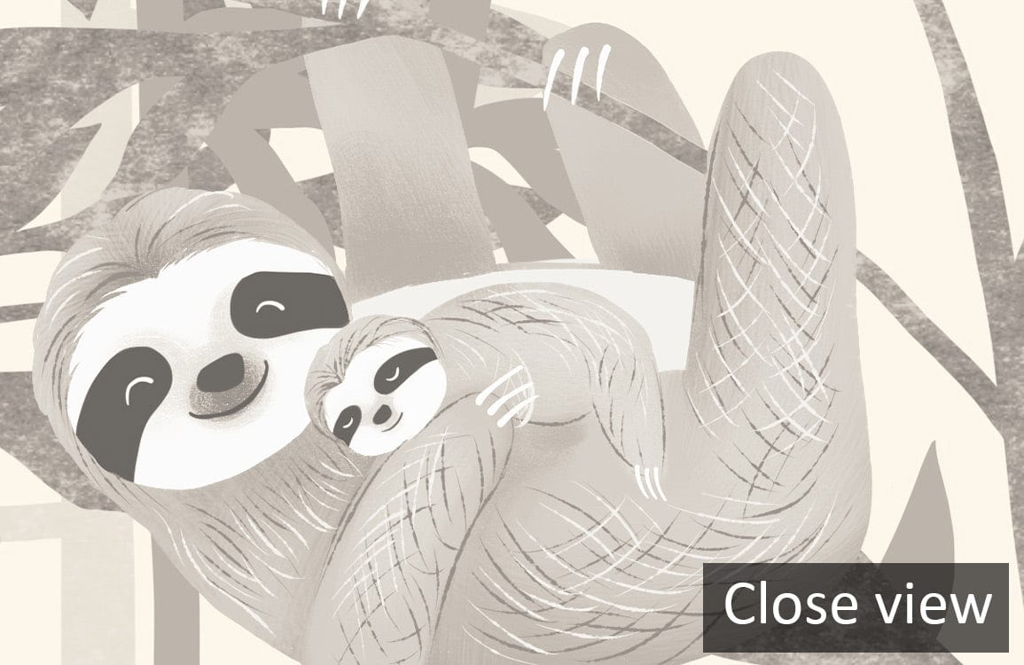 Close view of Tranquil Grey Jungle Sloth Wallpaper, nature-inspired tropical decor with soothing design.
