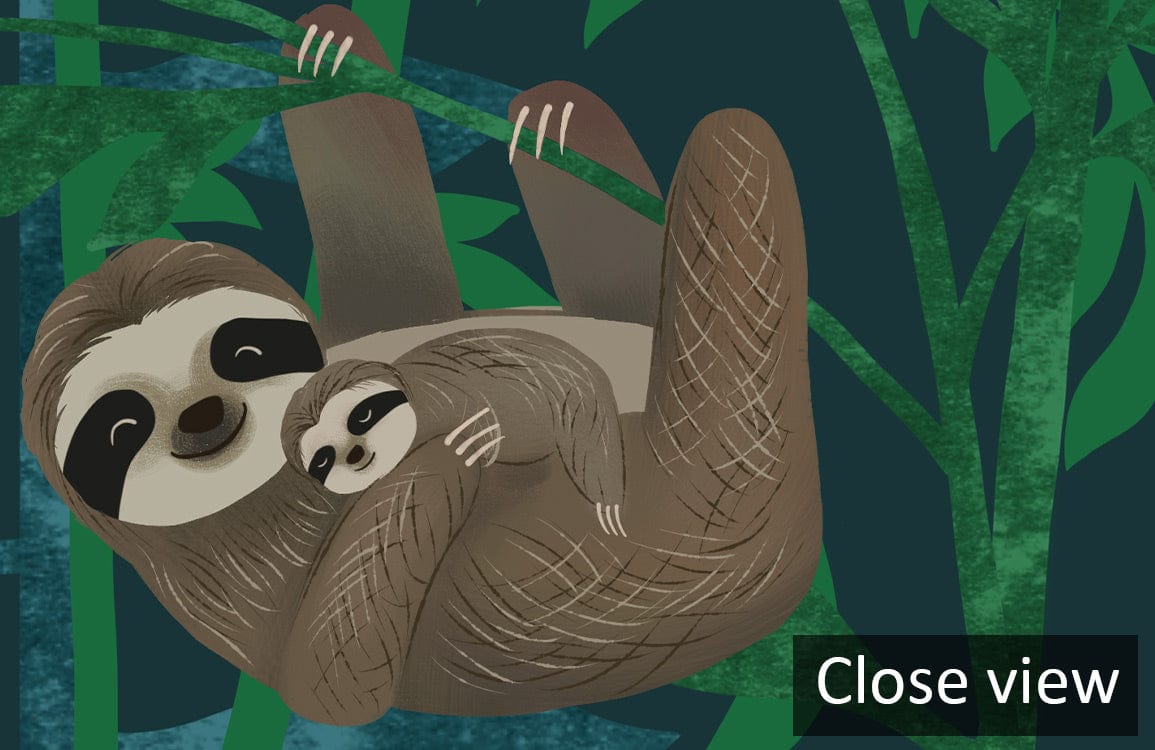 Green Jungle Sloth Pattern Wallpaper featuring lush botanical design with tropical sloth motif.
