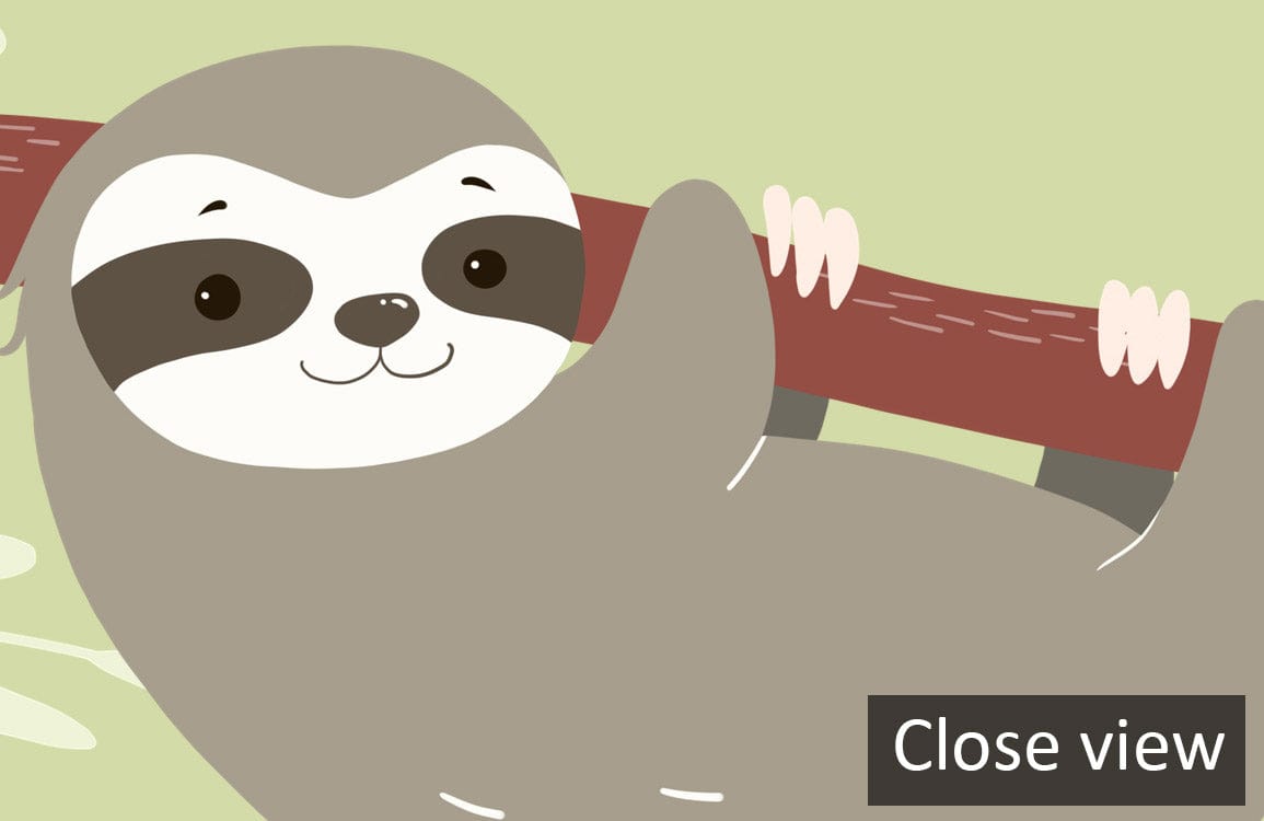 Charming Sloth Jungle Pattern Wallpaper in gentle green tones, displaying cute sloth design. Close view.