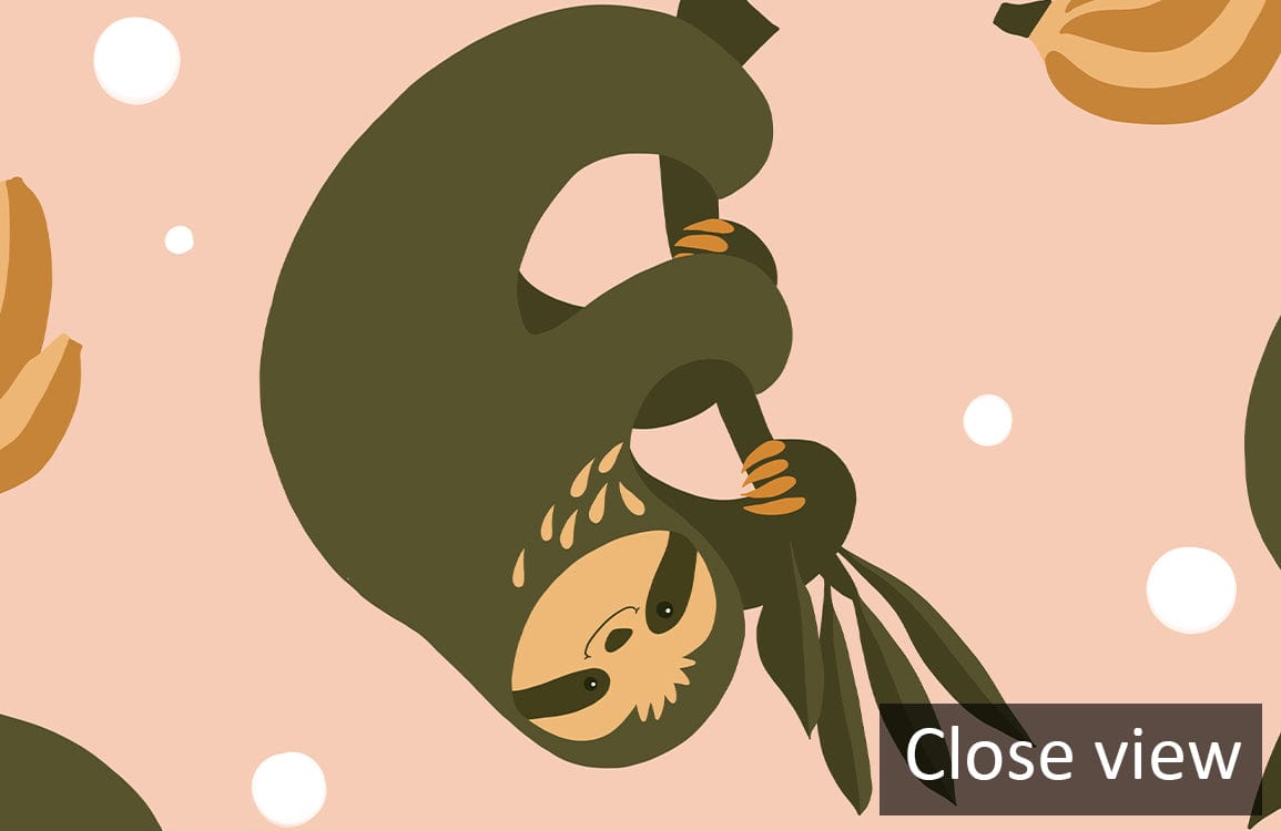 Playful Sloth and Banana Wallpaper - Green Peach Theme, Close View, Graphic Pattern Design.