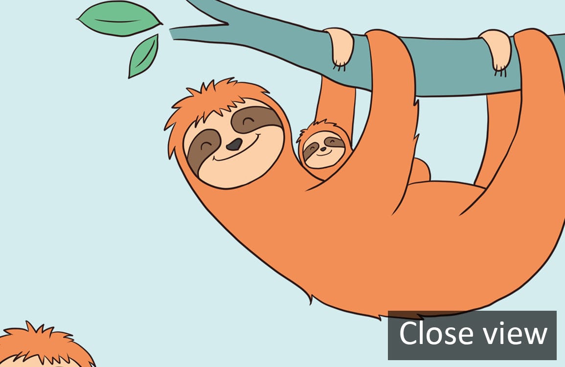 Playful Orange Sloth Pattern Wallpaper on whimsical blue background featuring hanging sloths, close view.