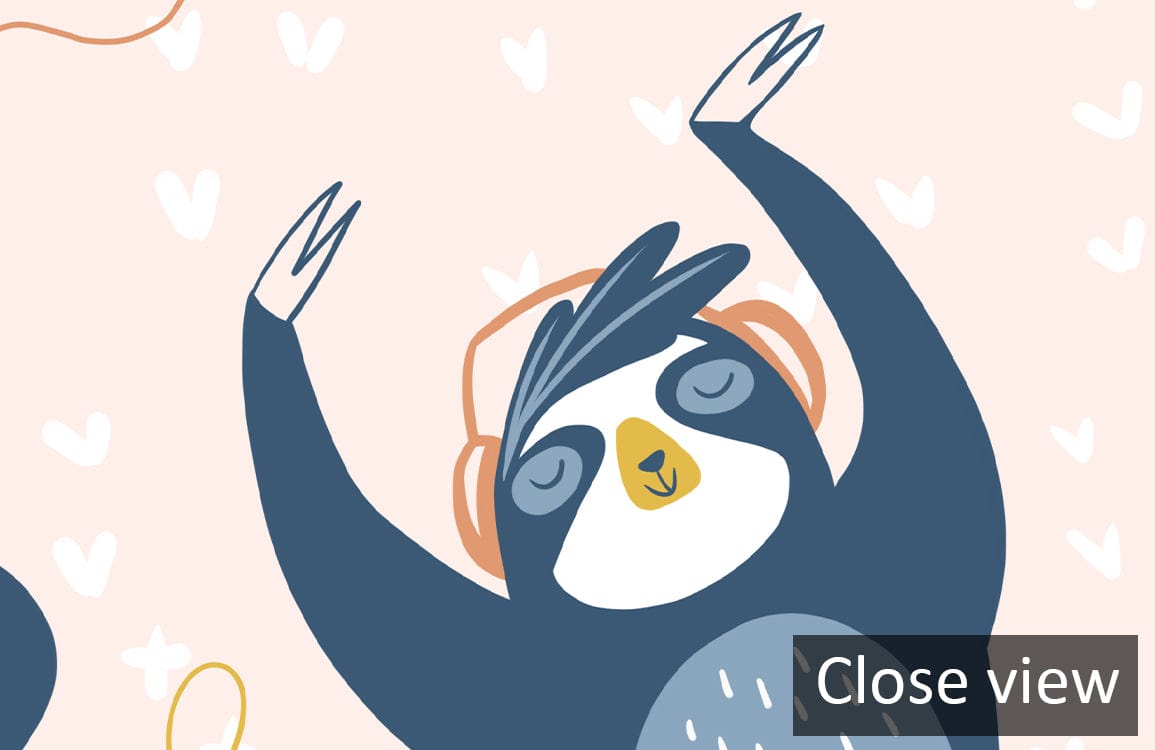 Close-up of playful penguins mural wallpaper pattern, featuring a blue and yellow design in kids' room.