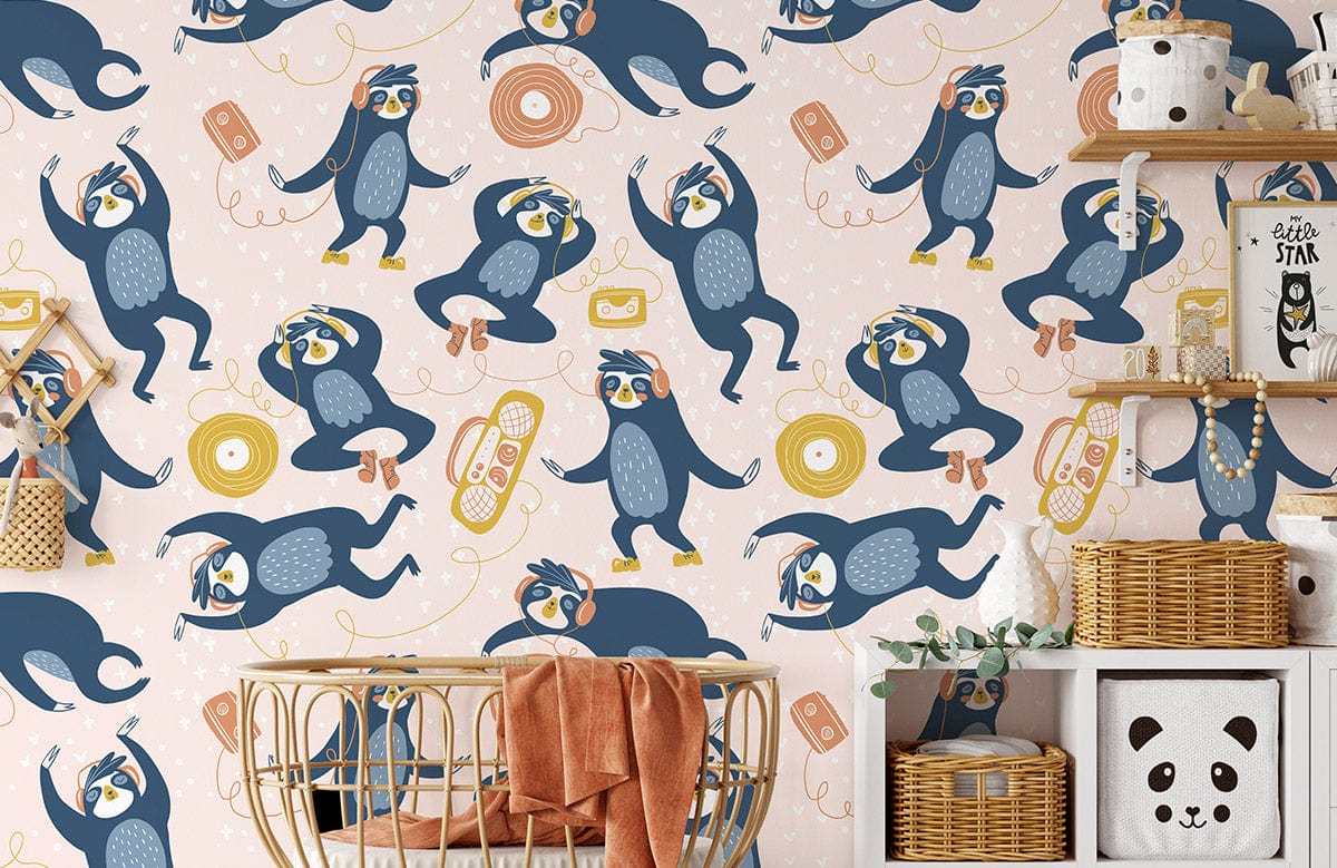 Playful Penguins Blue and Yellow Kids' Room Mural Wallpaper with wicker baskets, cosy wooden shelves.