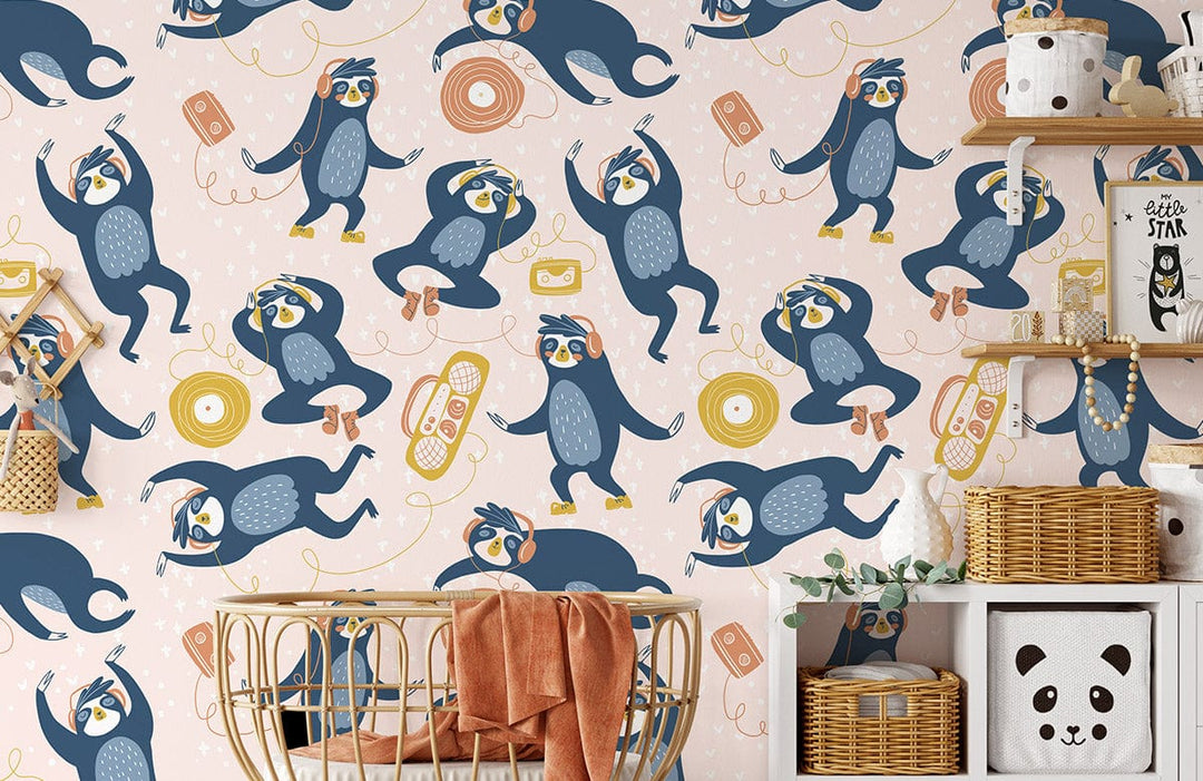 Playful Penguins Blue and Yellow Kids' Room Mural Wallpaper with wicker baskets, cosy wooden shelves.