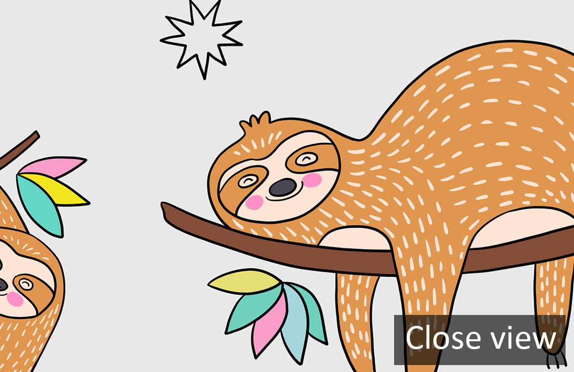Whimsical Sloth Jungle Pattern Wallpaper, soft earthy tones, close-up view, perfect for nurseries.