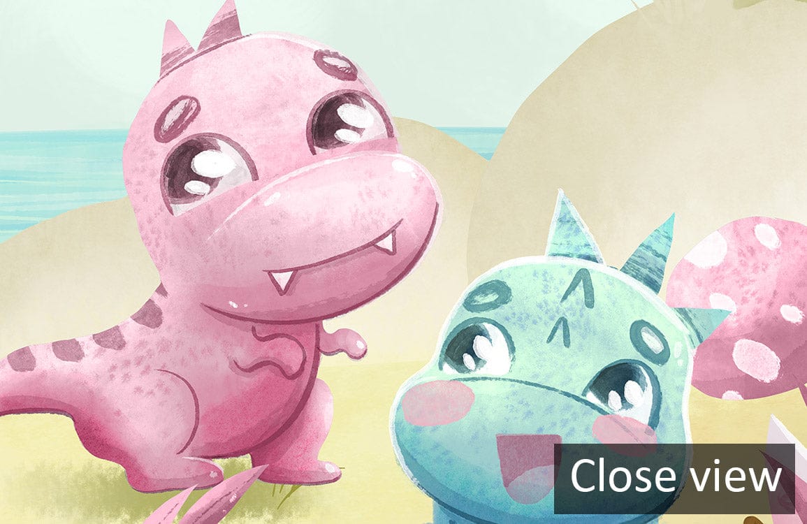 Playful Pastel Dinosaurs Nursery Mural Wallpaper for Kids, featuring cute dinosaurs in vibrant colours.