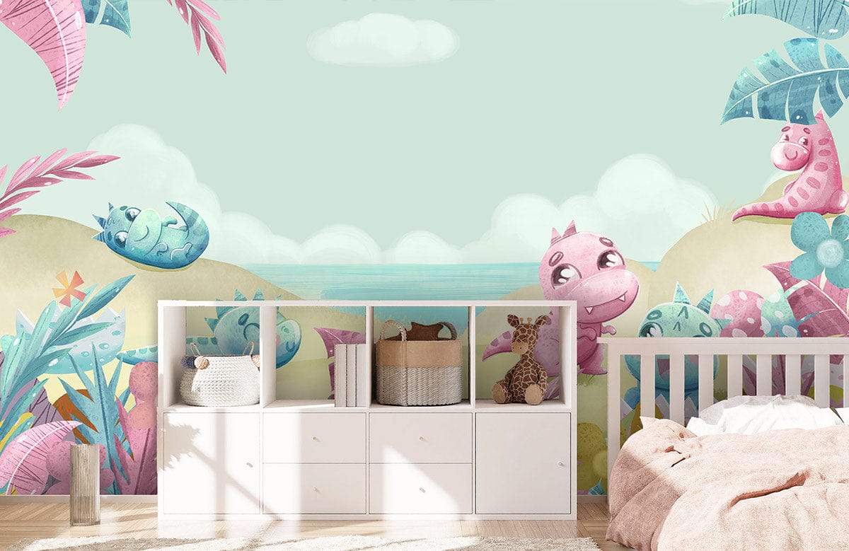 Playful pastel dinosaurs nursery wallpaper with white storage unit and crib in child's room.