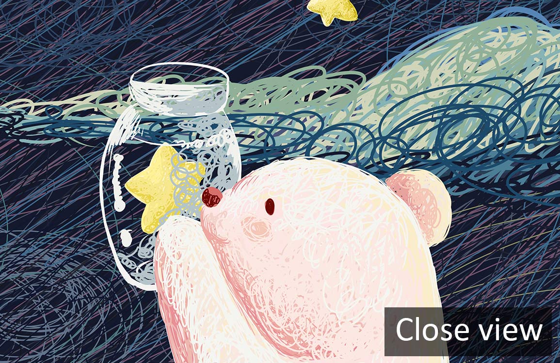 Whimsical bear and star children's mural wallpaper, pastel colours, perfect for nurseries and kids' rooms.