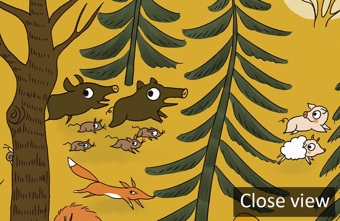 Whimsical Woodland Adventure Mural Wallpaper: Autumn Forest Scene with animals, detailed illustration, close view.