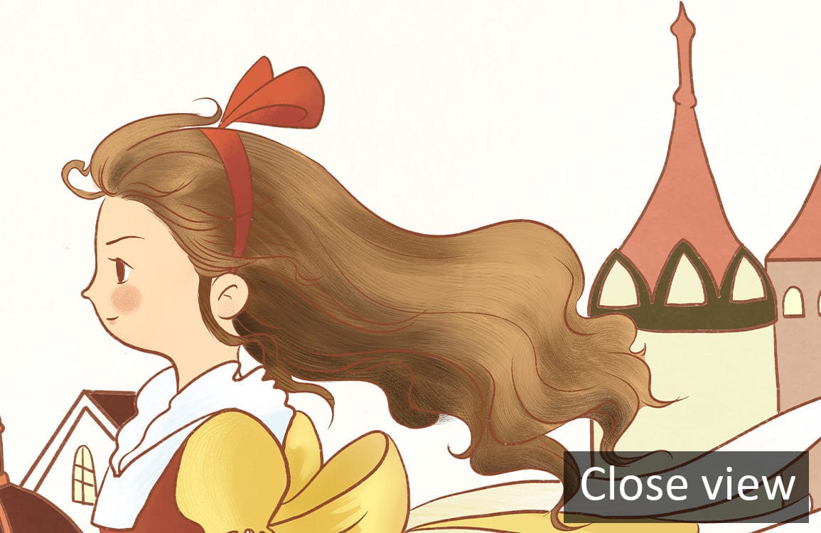Charming Storybook Cityscape Mural Wallpaper in soft pastels; girl's profile, fairy-tale towers visible.