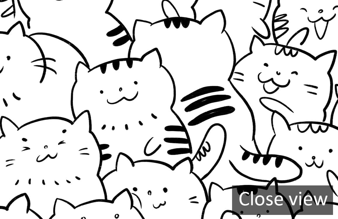Charming black and white cat doodles mural wallpaper, graphic designer style, whimsical illustration.