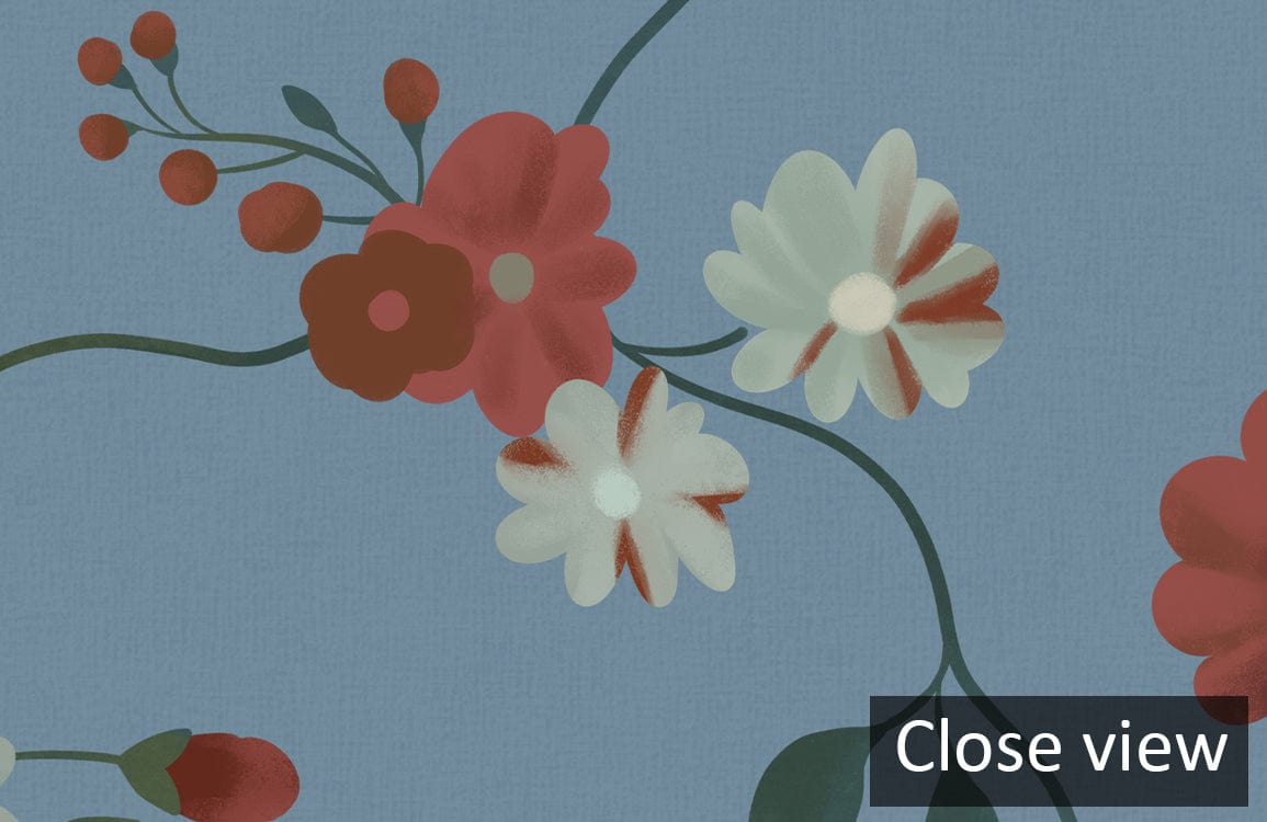 Close-up of vintage floral wallpaper with blue and red blossoms, elegant design by Vintage Floral Elegance.