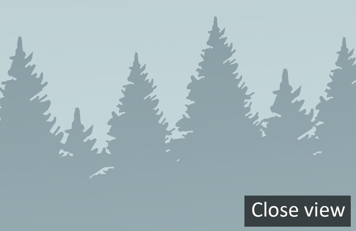 Misty Blue Forest Landscape Mural Wallpaper close view, showcasing serene tree silhouettes and tranquil decor.