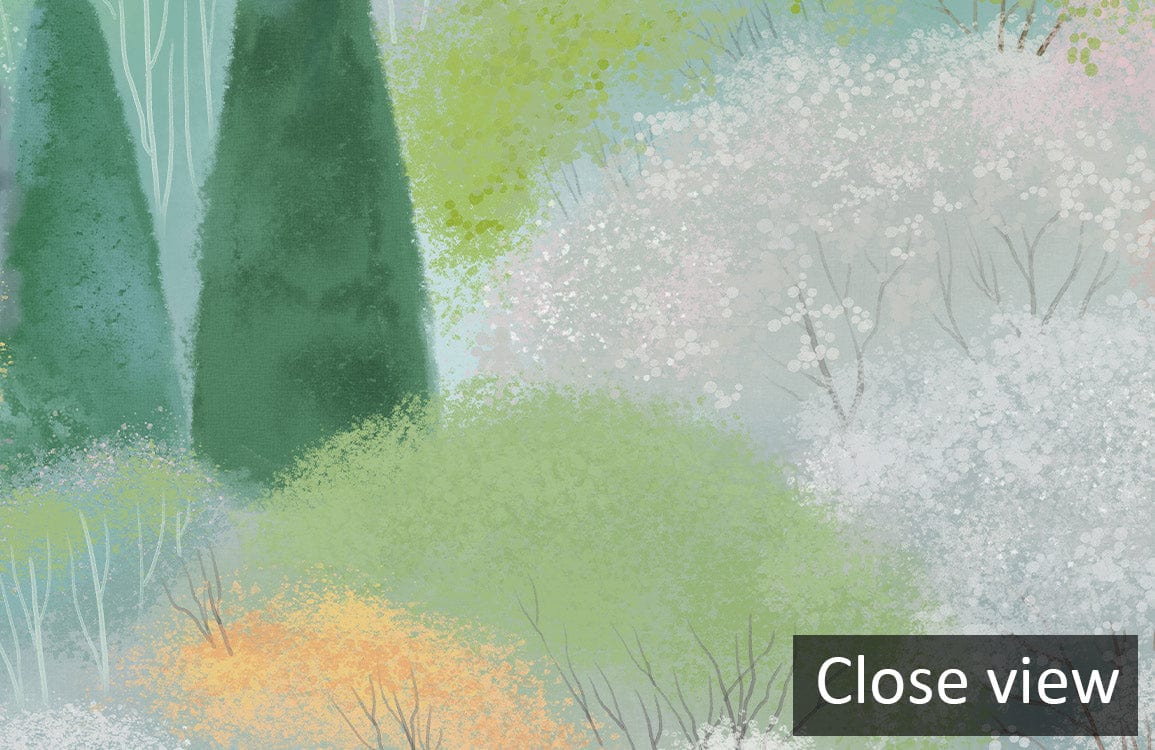 Close view of Serene Pastel Mountain Landscape Mural Wallpaper showcasing soft springtime colours.