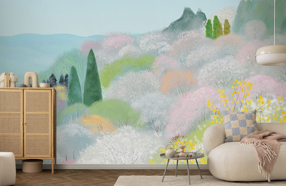 Serene Pastel Mountain Landscape Mural Wallpaper, light wood cabinet, round beige sofa, wooden flooring.